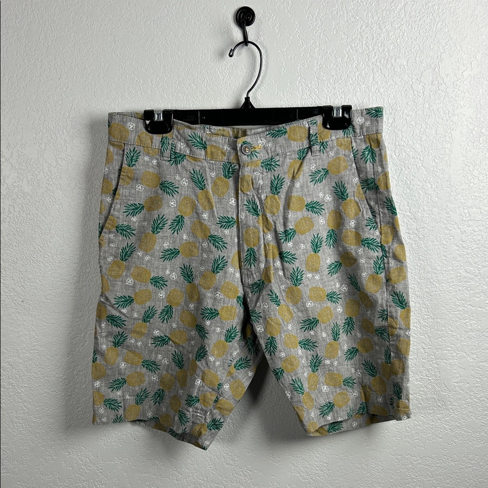Tenth & Ocean Men's Gray Pineappleu Print Shorts Linen Cotton Blend Sz 34 Beach